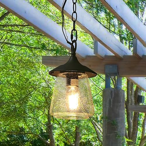LOG BARN Luces colgantes para exteriores, accesorio de porche en metal negro pintado con globo de vidrio burbujeado transparente, lámpara de