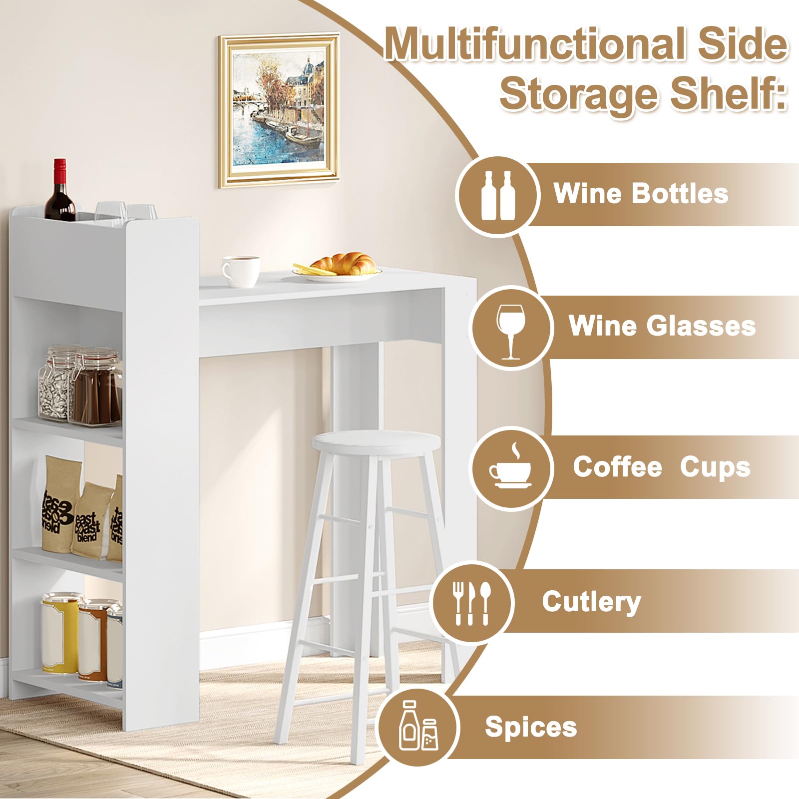 Tavolo Da Bar WOLTU 91x49x91cm - Con 3 Ripiani Aperti, Legno Chiaro E Bianco, Struttura Metallo