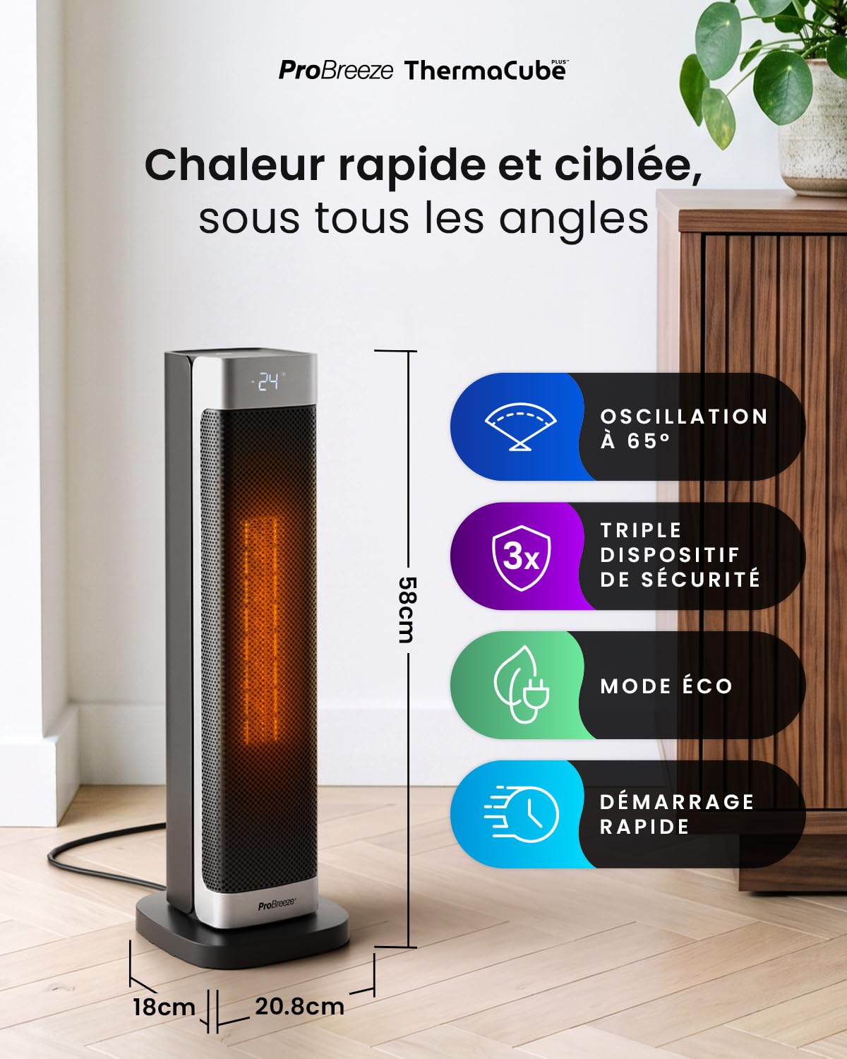 Pro Breeze ThermaCube Plus Chauffage d'Appoint 2200W Céramique Soufflant Oscillant - Radiateur Électrique Mobile avec Mode Ventilateur, Thermostat Éco, Télécommande et Écran Tactile pour Chambre