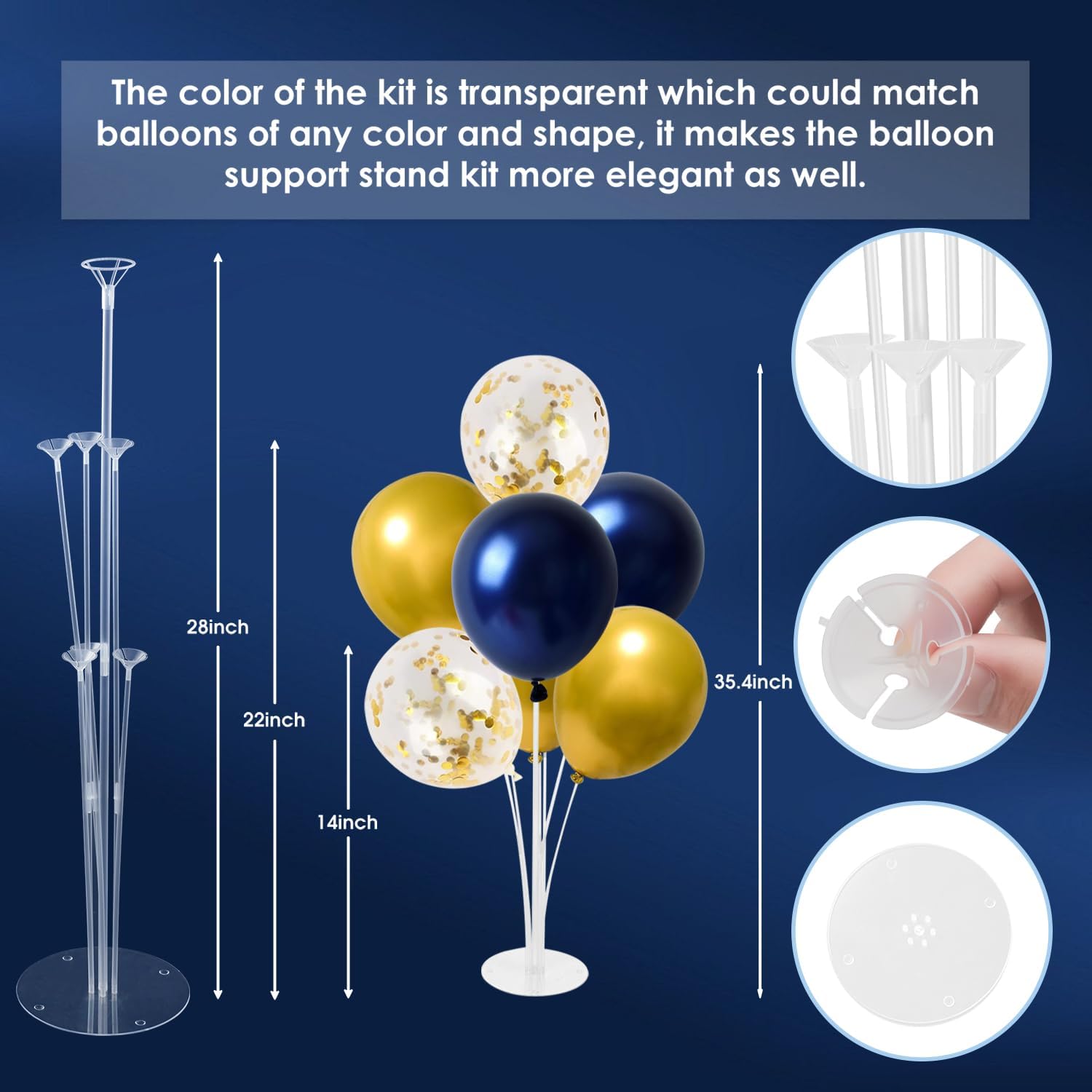 4 Sets Balloon Stand Kit, Balloon Sticks Holder with Navy and Gold Balloons for Table Centerpiece Graduation Birthday Father's Day New Year Party Decorations(Navy and Gold) - Image 3