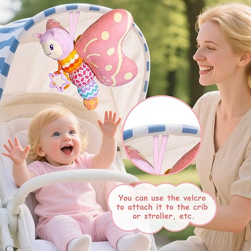 Miniatura 6 de Juguetes para bebés de 0 a 6 meses, animal de peluche sensorial musical infantil con chirriador, sonajero, alas arrugadas, mordedor y anillo para