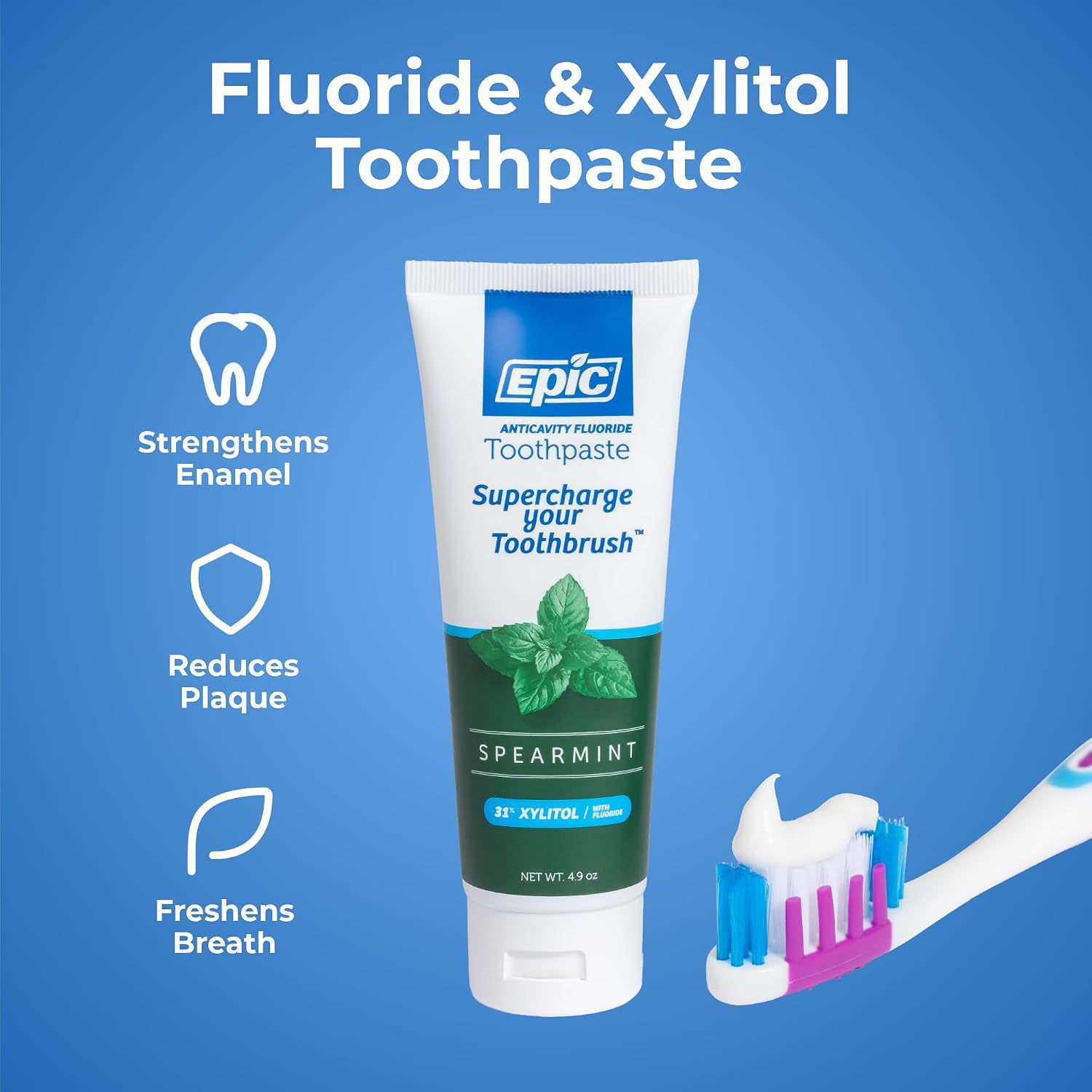Epic Dental Xylitol Fluoride Toothpaste for Adults – Enamel-Strengthening, SLS-Free Spearmint with 31% Xylitol – Oral Care for Cavity Protection & Dry Mouth – Vegan, Gluten-Free – 4.9oz (2-Pack)