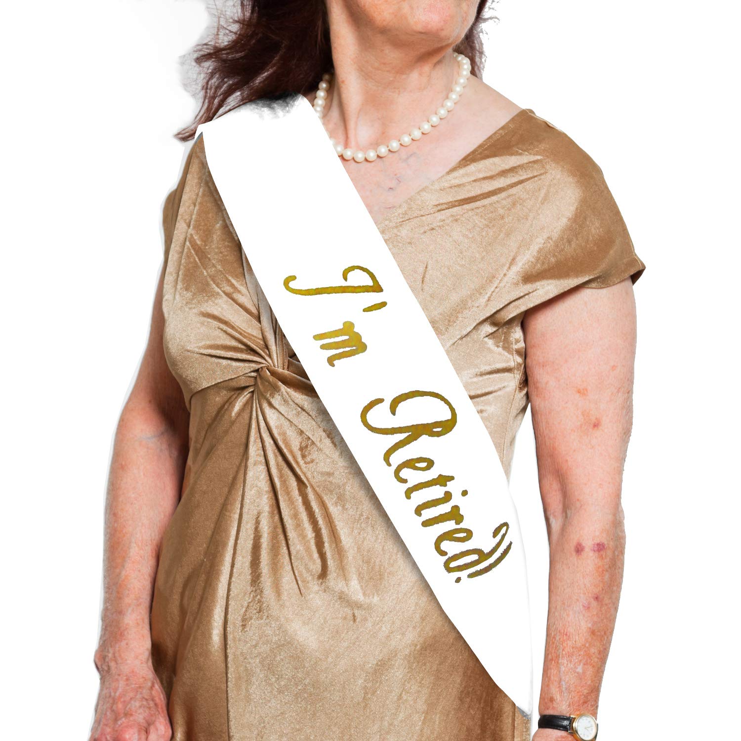 JPACORetirement Sash "I'm Retired" - White Satin Retired Sash with Gold Stamped Letters - for Retirement Work Party, Retirement Party, & More