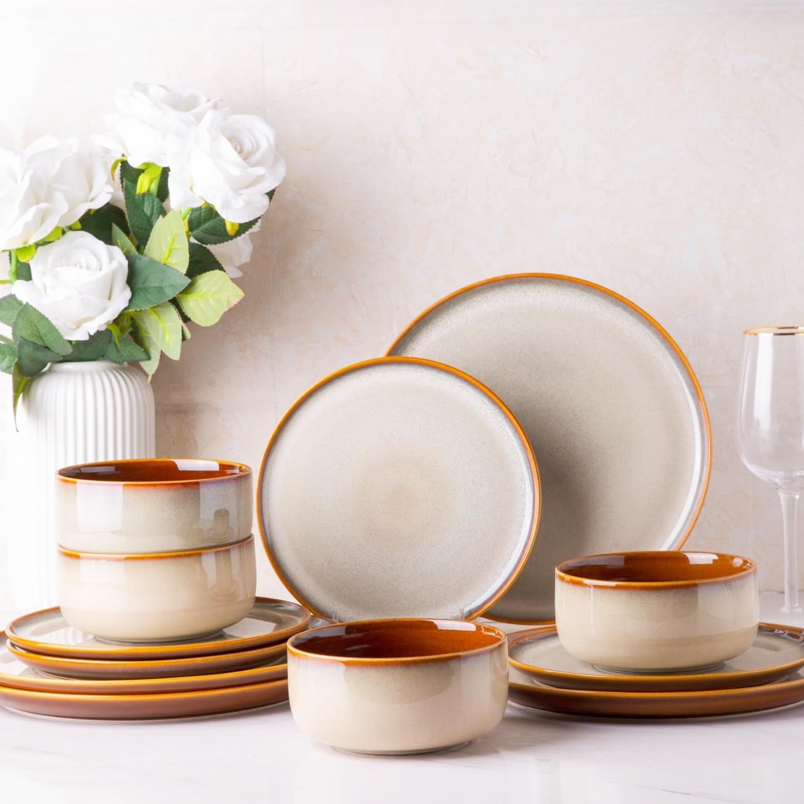 LERATIOCeramic Dinnerware Sets for 4,12-Piece Plates and Bowls,Handmade Reactive Glaze Dishes Set,Chip Resistant and Scratch Resistant | Oven Dishwasher & Microwave Safe,Service for 4-Kahki
