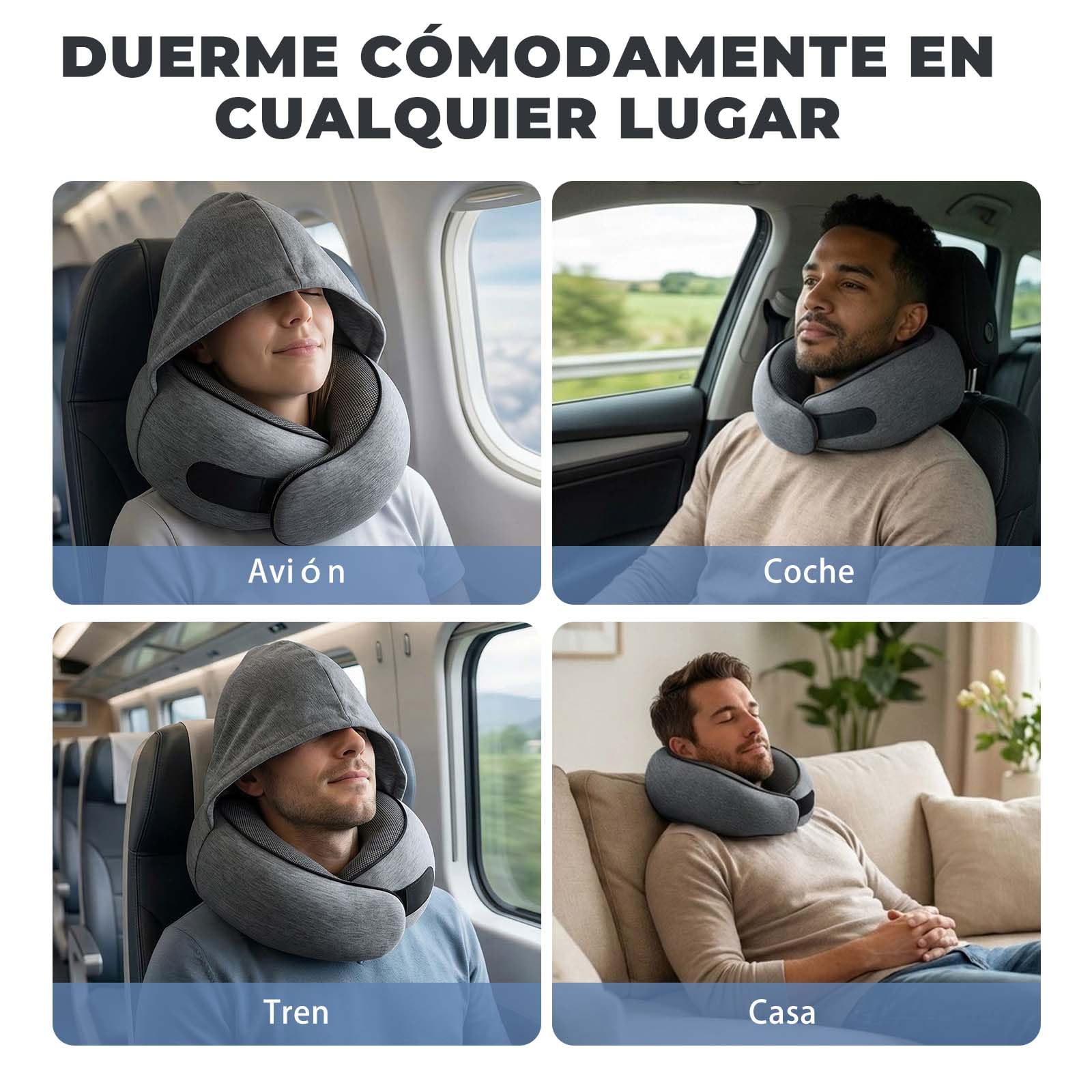 Almohada de Viaje Avión con Capucha Antiluz, Almohada Viaje de Memory Foam con Soporte Ergonómico 360°, Cojín Cuello Viaje Compacto para Avión, Coche y Casa, Adultos y Niños (Gris Oscuro)