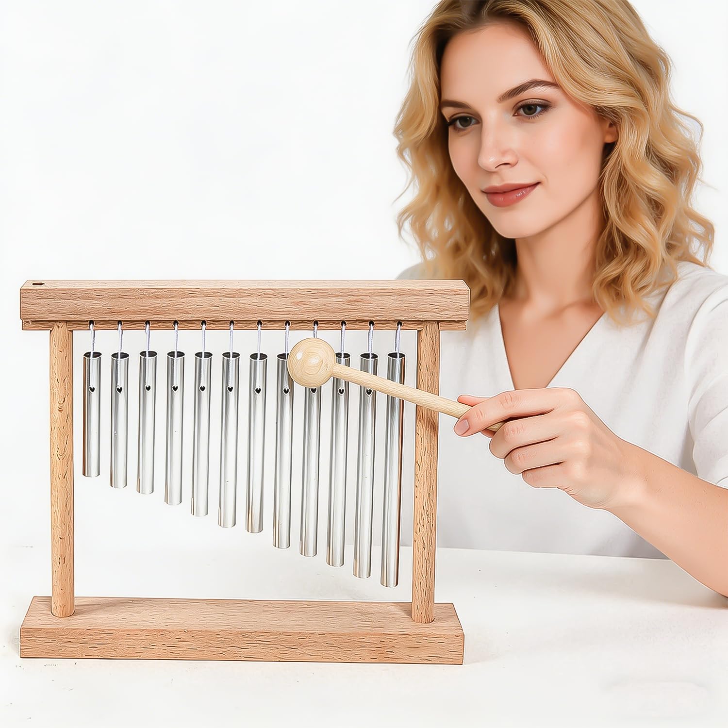 AOVNA Chimes Percussion-Instrument, einreihig, holzfarben, Tisch-Windspiel, leichtes Klangspiel, Musikinstrumente, Anfänger, kollaborative Familie