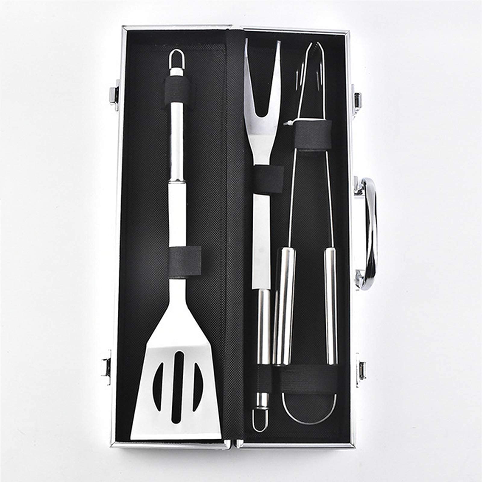 Juego de herramientas para barbacoa de acero inoxidable resistente, 3 piezas, juego de pinzas para barbacoa (espátula, tenedor, pinza) con estuche de almacenamiento portátil duradero, utensilios princ