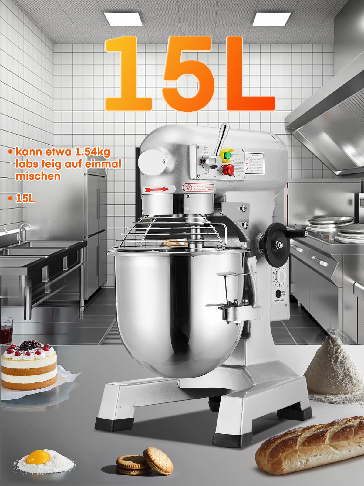 Profi Teigknetmaschine 15L mit Planetenrührwerk 600W Starkleistung (3 Stufen 135, 220, 409 U/min), inkl Edelstahl-Rührschüssel, Knethaken & Schneebesen für Bäckerei, Gastronomie & Haushalt