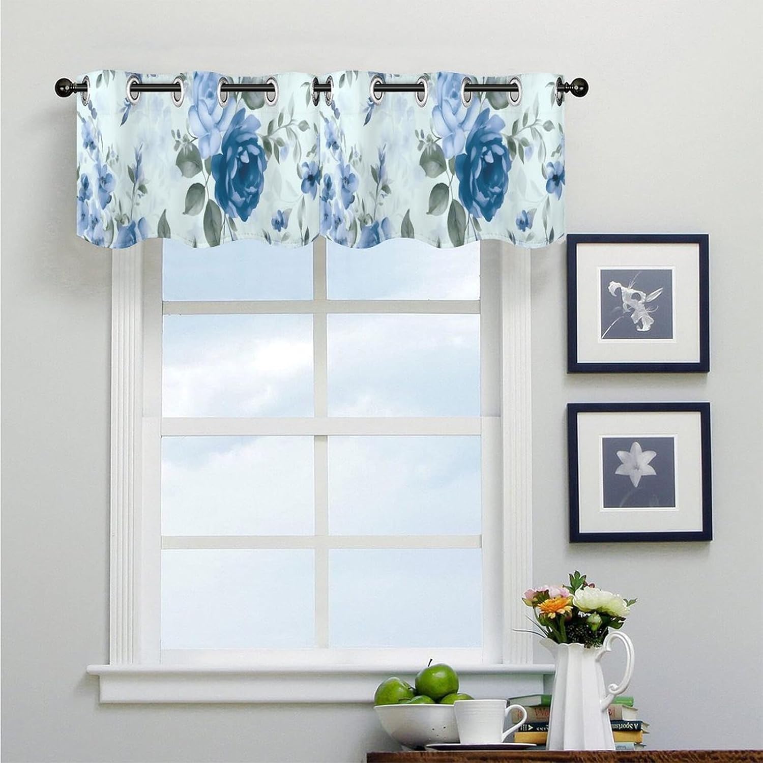 Blue Flower Floral Pattern Roses Valance for Windows, 2 Pack Kitchen Curtains Modern Home Decor, Soft Blackout Window Curtains for Living Room & Bedroom, 18 X 52 Inch