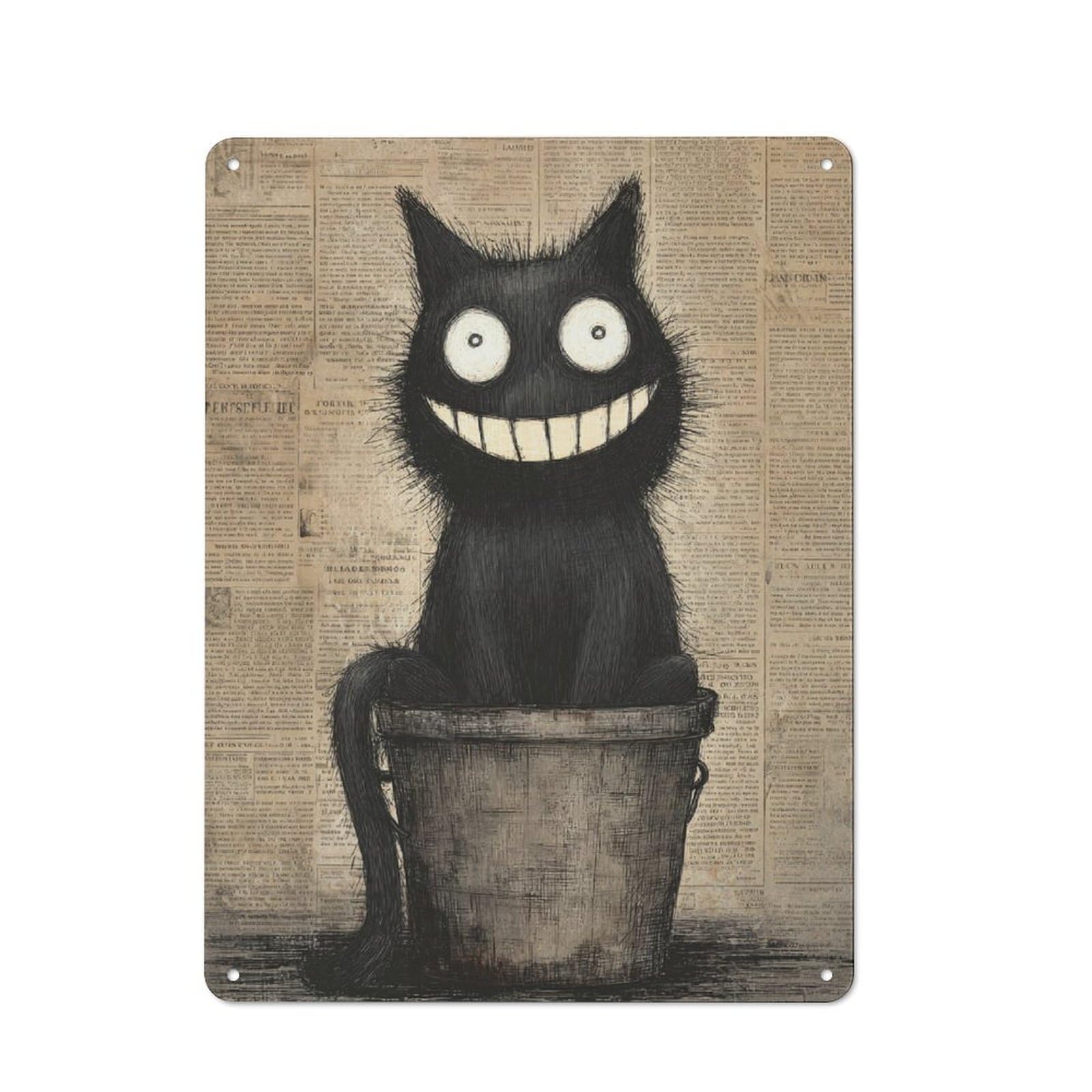 Junmoney Grinning Feline In Bucket Rustic Tin Wall Plaque 40X30cm For Guest Room Or Hallway, For Garage, Workshop And Man Cave Decoration