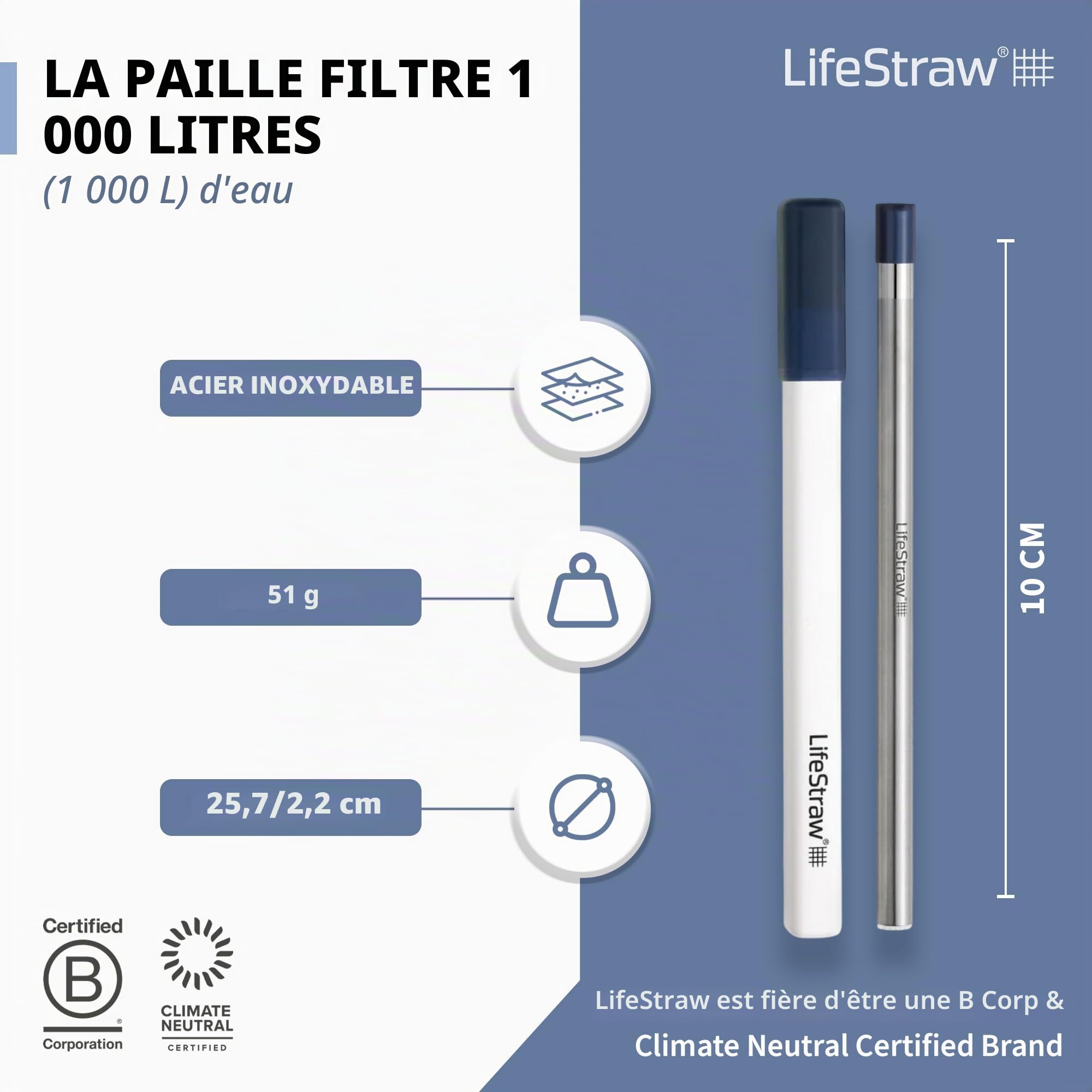 LifeStraw Sip – Paille Filtrante Réutilisable en Acier Inoxydable avec Étui, Élimine les Microplastiques, Bactéries et Parasites pour Voyage et Utilisation Quotidienne, Midnight Blue