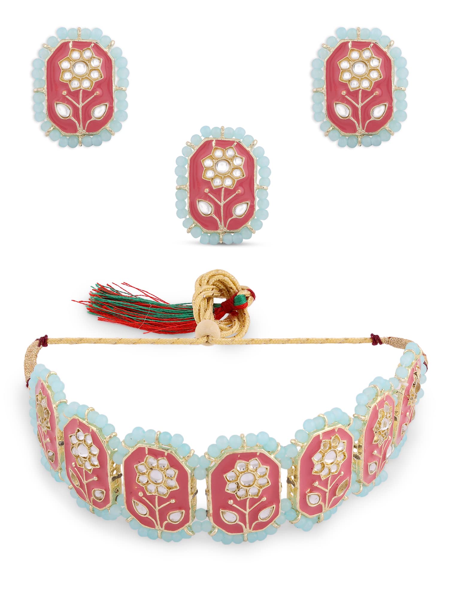 ZAVERI PEARLS Pink Meenakari Kundan Flowers Turquoise Beaded Choker Necklace Earring & Ring Set For Women-ZPFK13973 (B0B2MR8TW4) Amazon Price History, Amazon Price Tracker