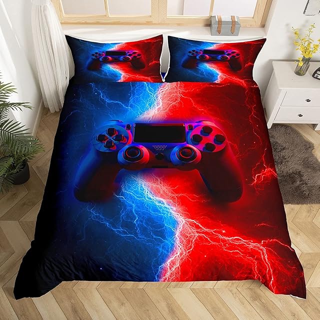 Homewish Gamer Gaming Bedding Sets Double Size,Lightnings Gamepad Duvet Cover, Video Games Comforter Cover for Kid Teens Boys and girls Man, Modern Bedroom Decor 3 Pcs Bedding Set,Red Blue