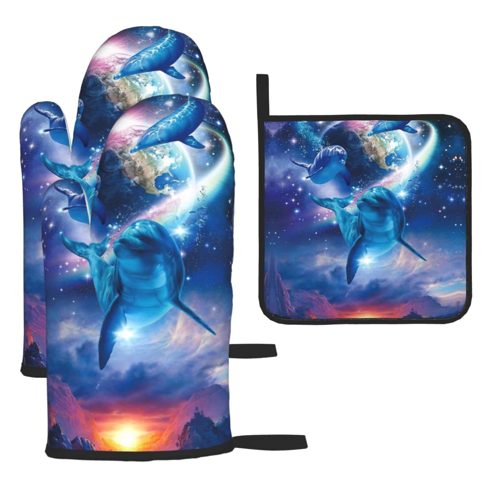 Galaxy Dolphins Oven Mitts and Pot Holder Kitchen Set for Grilling, Cooking, Baking, Heat Resistant