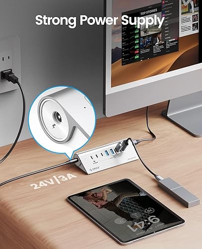 Vista 8 de ORICO 7 Port USB Hub 10Gbps, Aluminum USB 3.2 Gen 2 Hub, 6 USB 3.2 Data Ports, 1 PD 60W Ports, 24V 3A Power Adapter, 3.28Ft A to C Cable, USB Data