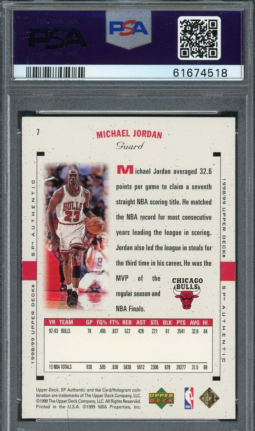 Michael Jordan 1998 Upper Deck SP Authentic Basketball Card #7 Graded PSA 9