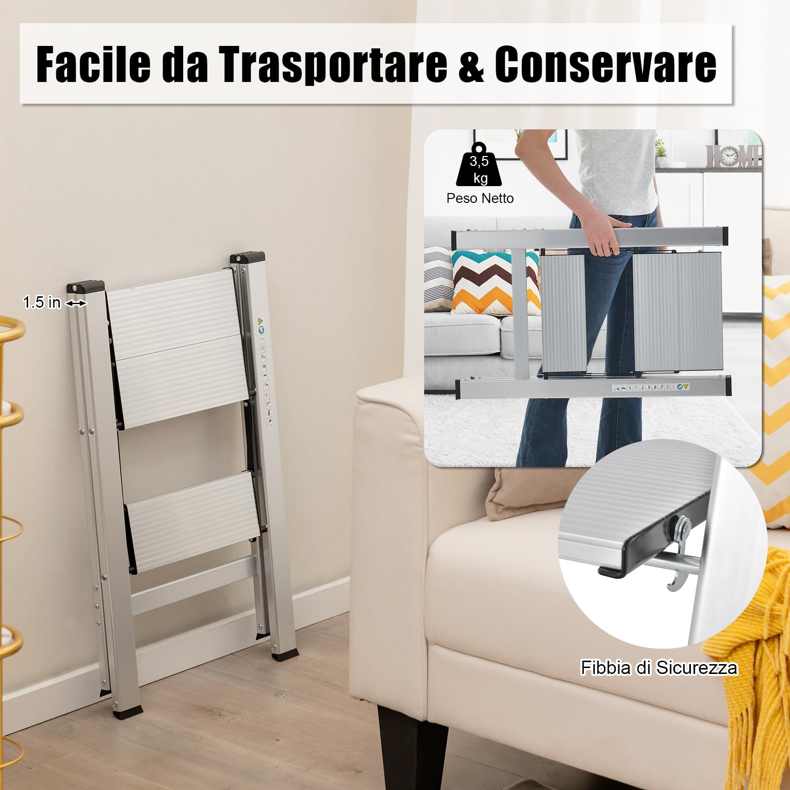 COSTWAY Scala Pieghevole in Alluminio a 2 Gradini, Scaletta Salvaspazio con Fibbia di Sicurezza, Ampi Pedali e Piedini Antiscivolo, Telaio in Alluminio Robusto e Leggero, Portata 150kg