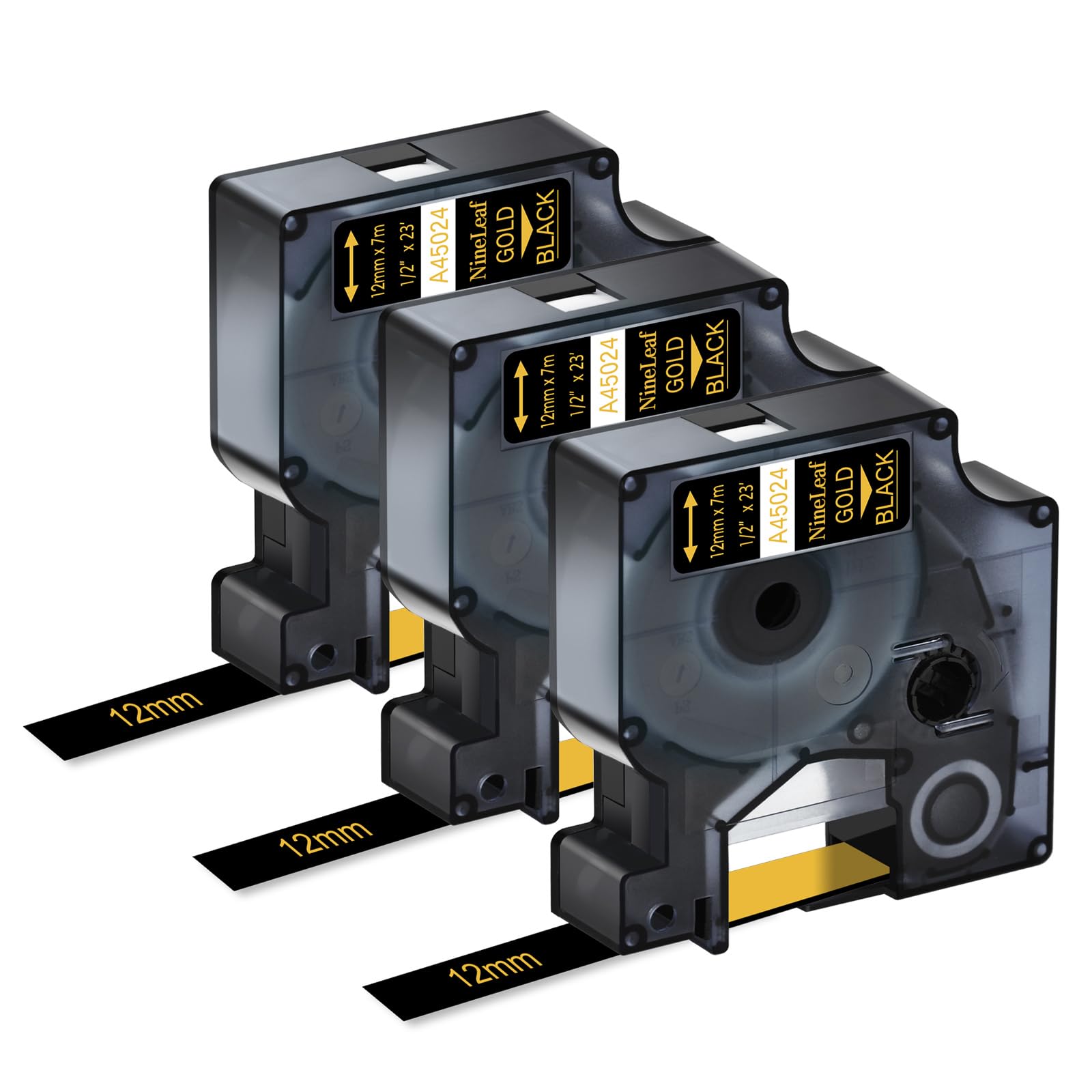 NineLeaf 3 Pack Compatible with Dymo D1 Label Tape 45024 S0720640 A45024 Gold on Black 12mm x 7m for Dymo Label Maker Refills for Dymo LabelManager 160 280 150 200 420P Label Maker