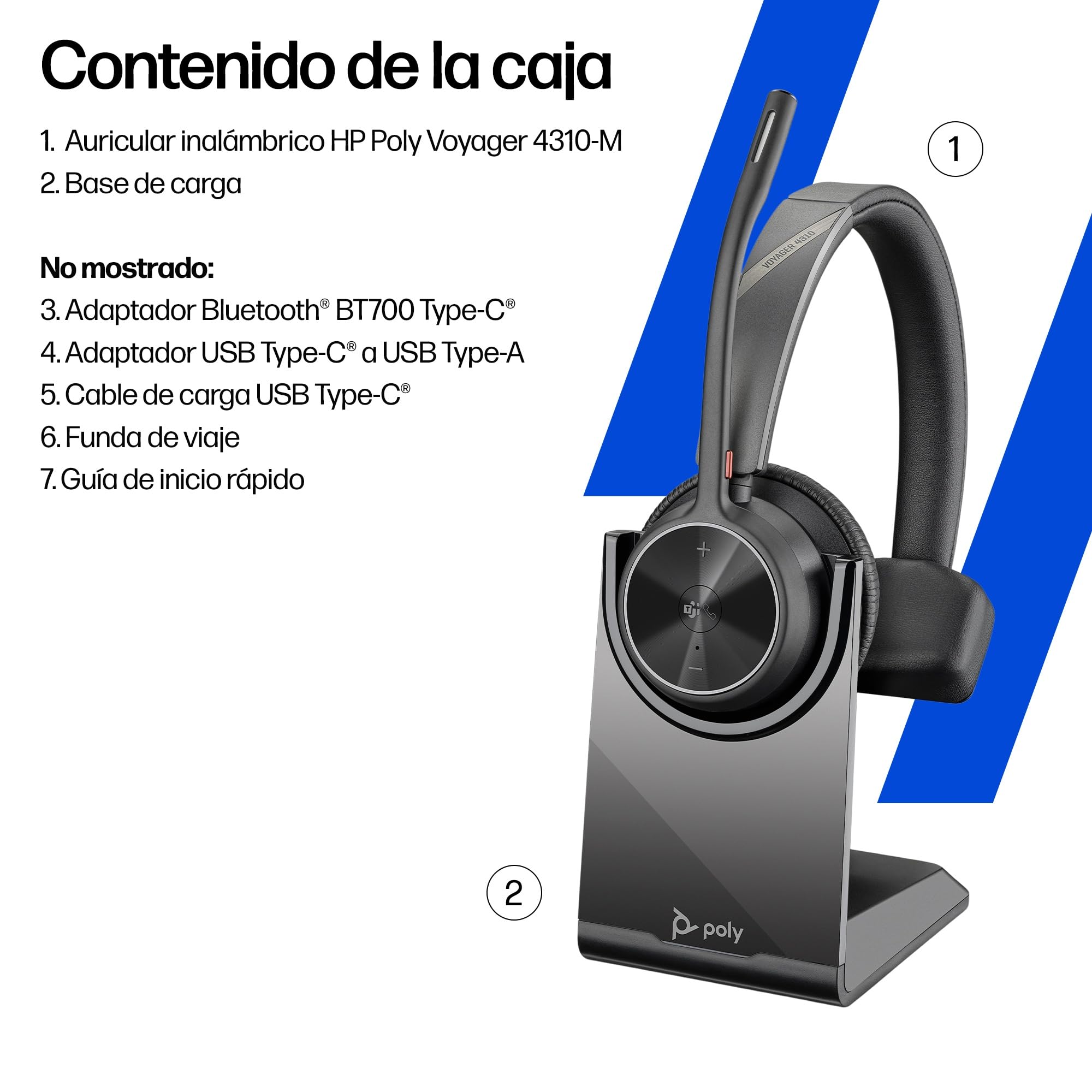 Auricular inalámbrico y soporte de carga Poly Voyager 4310 UC - Auricular Bluetooth monoaural con micrófono de brazo con cancelación de ruido - Conéctalo a PC/dispositivo móvil - Teams (certificado)