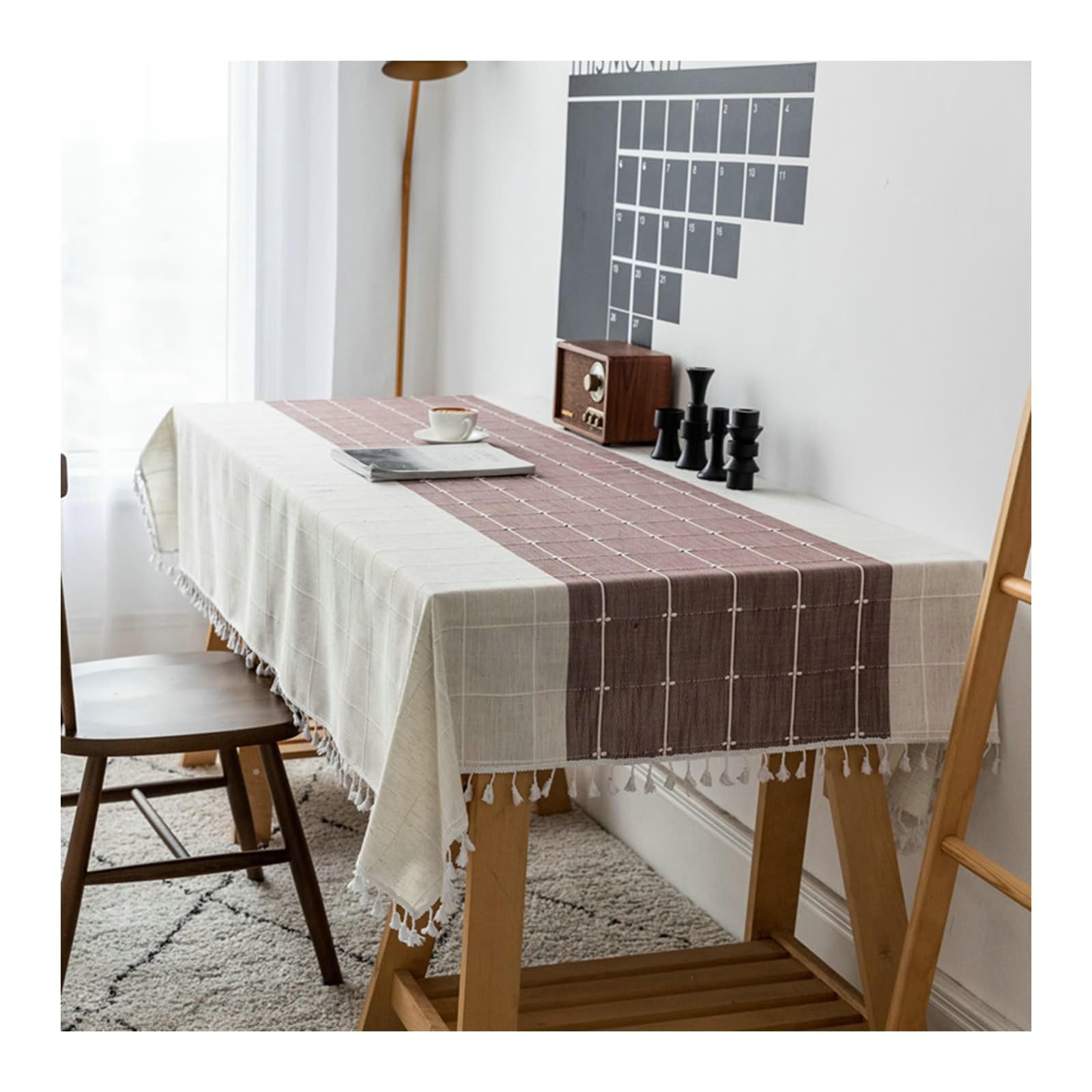 Gualiy Mantel Rectangular, Poliéster Mantel de Mesa Moderno 140x220CM Mantel Lavable Antimanchas Rayas a Cuadros con Borlas Mantel para Mesa Salon, Marrón