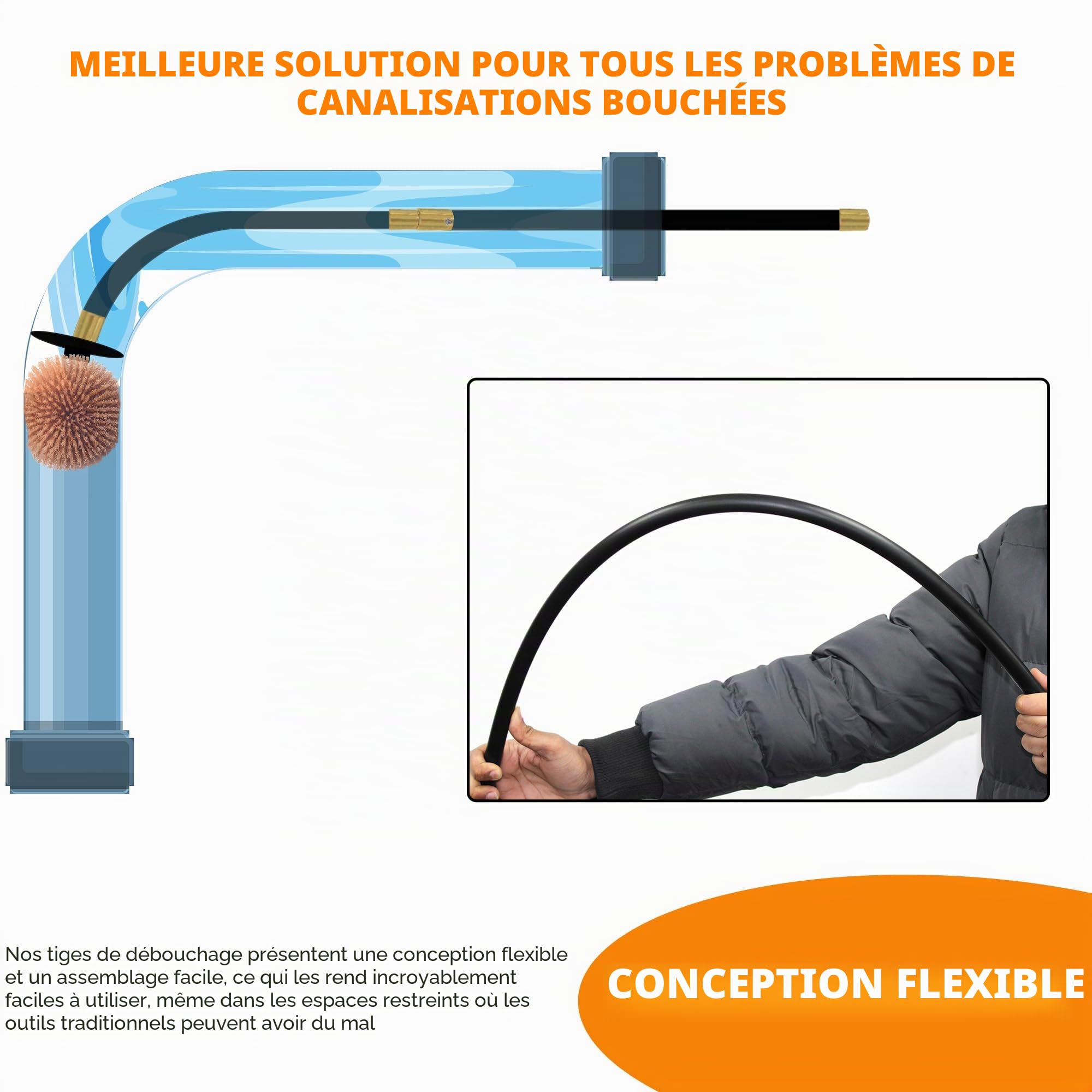 Crystals Lot de 12 tiges de drainage flexibles de 9,2 m avec piston en caoutchouc robuste et double vis sans fin, tiges de drainage pour nettoyage des canalisations avec sac de transport