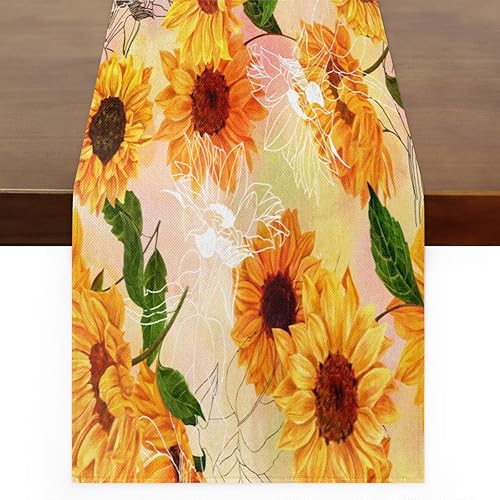 Table Runner Rustic Sunflowers, Rustic Linen Table Cloth for Farmhouse Kitchen, Dinner, Events, Party, Holiday Table Decor 13 x 120 Inches