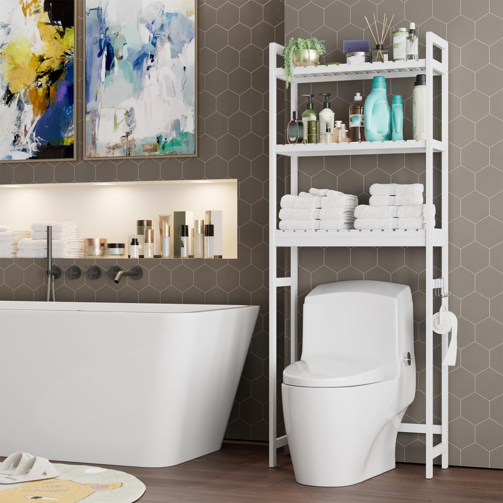 FOREHILL Meuble WC, Étagère de Salle de Bain, Étagère Toilette, en Bambou | Meuble machine à laver | Rangement à 3 niveaux | 63x26x163cm | Gain de place | Pour petits espaces | Montage facile