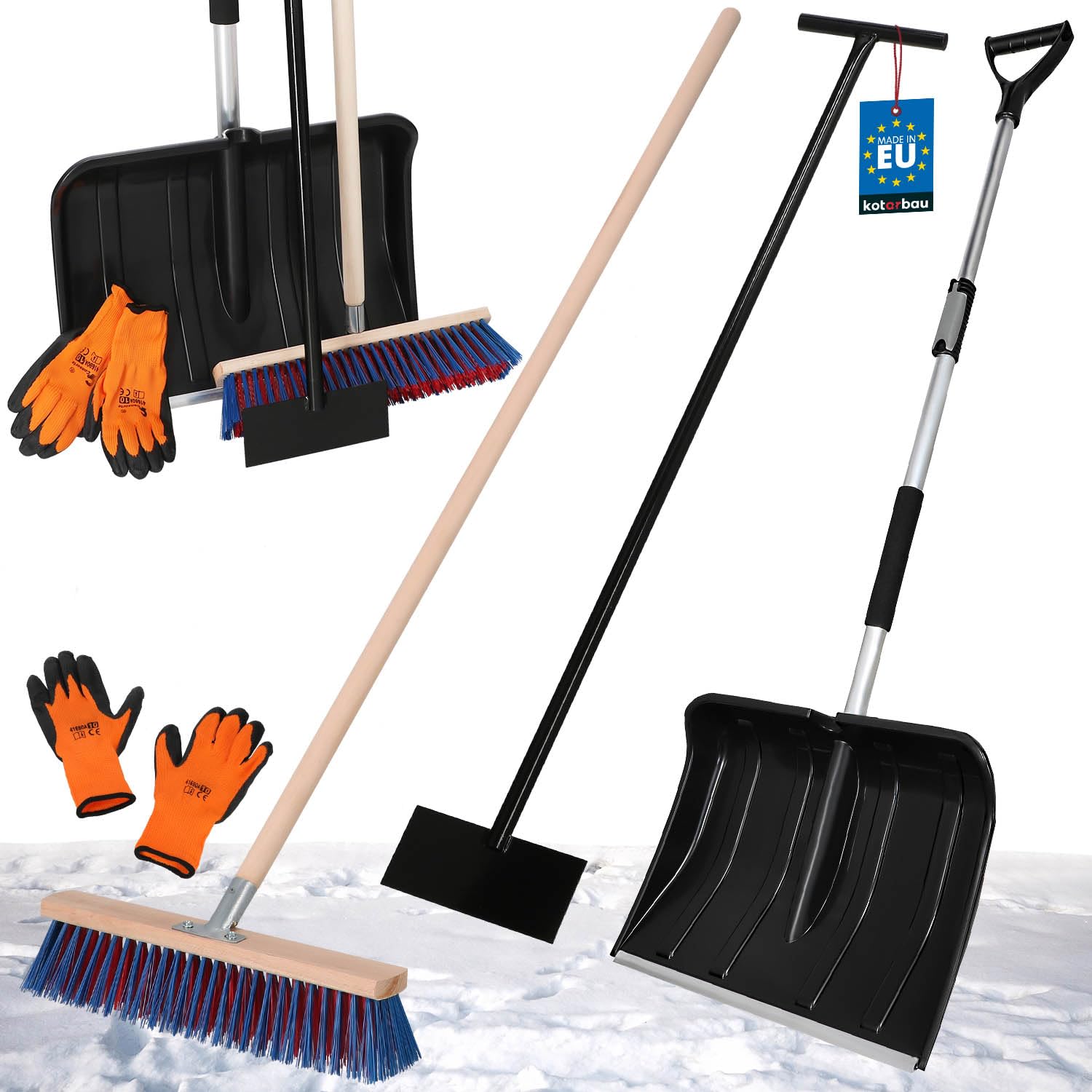 KOTARBAU® Set pala da neve con manico in legno, guanti caldi, pala da neve, pala da neve, pala con manico, Pala da neve con manico telescopico/scopa da strada/raschietto per ghiaccio/guanti
