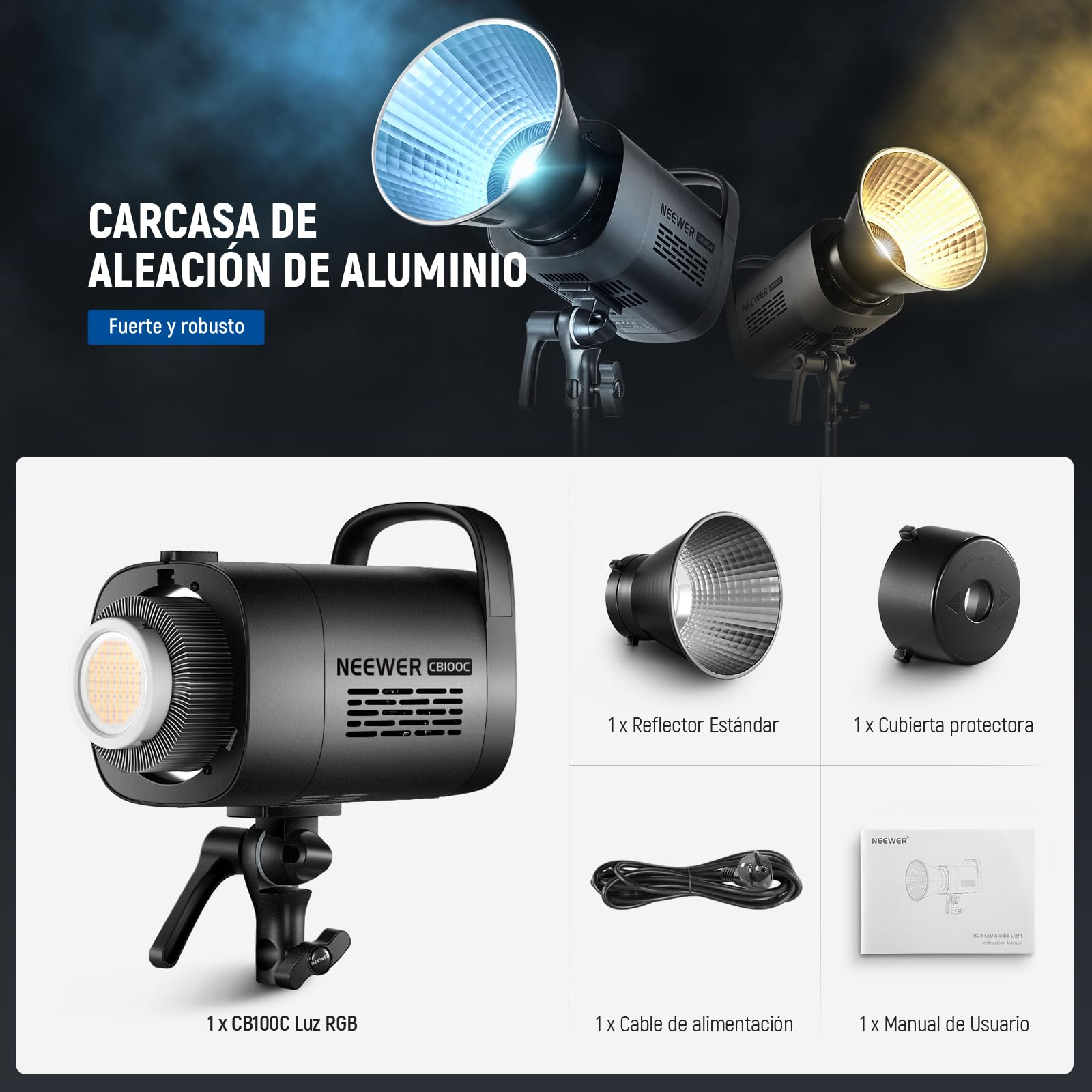 NEEWER CB100C 130w RGB LED Luz Video App/2.4G Control 360° Todo Color 2700K-6500K 27000lux/m COB Bowens Mount Foco Iluminación Lámpara Continua Silenciosa TLCI/CRI97+ 17 Escena para Estudio Fotografía