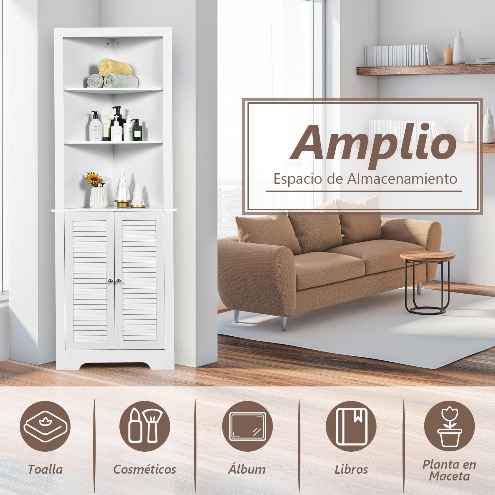COSTWAY Armario Esquinero Alto de Baño, Mueble de Baño Triangular con 3 Estantes Abiertos y 2 Puertas, Organizador de Pie de Almacenaje para Dormitorio, Salon, 60 x 44,5 x 173 cm