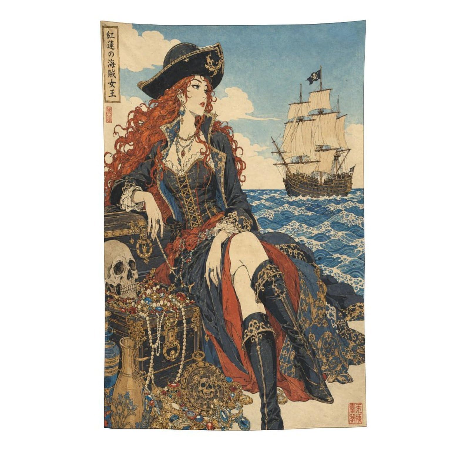W7C8U2X3 Pirate Queen with Ship Wall Tapestry, Ukiyo-e, College Dorm