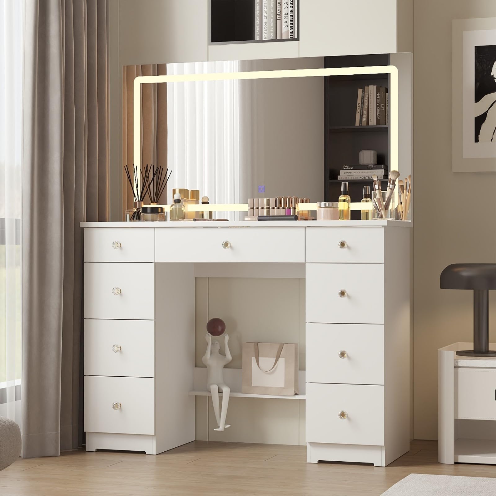 JOIKUJIA Vanity Desk with Mirror and Lights, Glass Top Makeup Vanity with 9 Drawers, Dressing Table with Large Lighted Mirror, Crystal Handles, White,