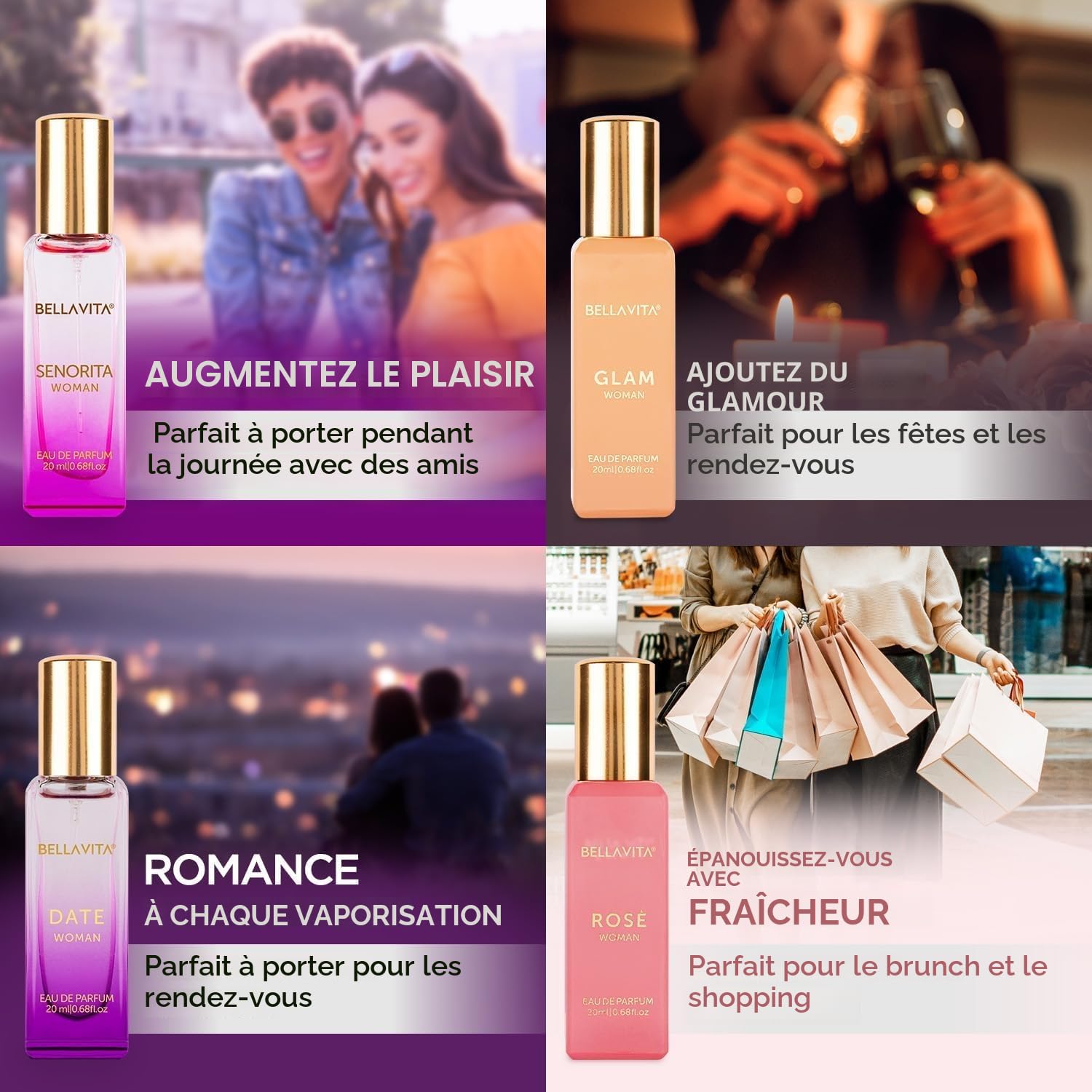 Bellavita Coffret cadeau de luxe pour femme avec date, senorita, glamour et rose | Coffret cadeau (4 x 20 ml) | Parfum pour femme | Choix de cadeau pour anniversaire et anniversaire de mariage