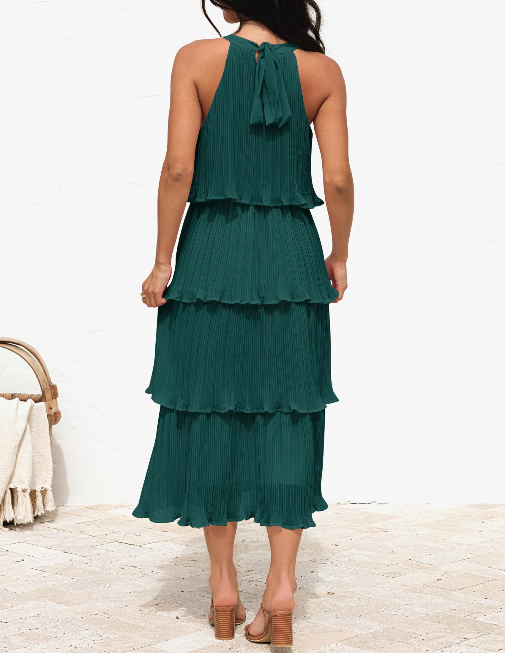 ZESICA Vestido largo por debajo de la rodilla sin mangas con cuello halter y volantes para mujer, de gasa, con vuelo, de verano 2026