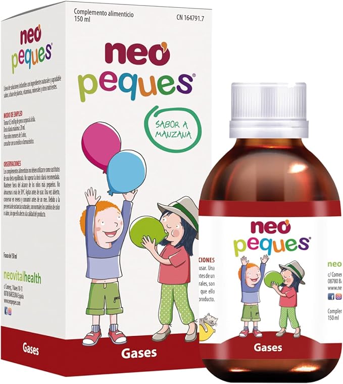 NEO PEQUES Gases | Jarabe Infantil para Reducir la Distensión Abdominal y las Flatulencias | 150 ml | A Base de Plantas Naturales y Fósforo | Sabor Manzana y Maca