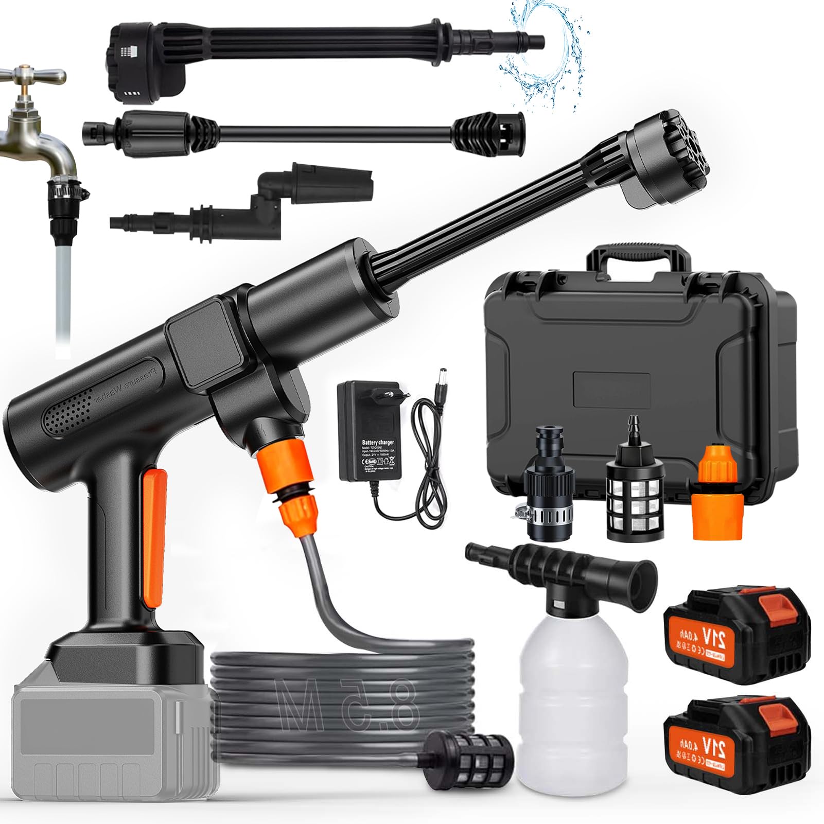 TOPALL Portable Battery Pressure Washer, Press & Clean Washing Gun, Maximum 45 Bar/652PSI, Pressure Water Gun with 2 x 4.0Ah Battery | 8.5 M Hose | 6 in 1 Nozzle | Rotary Nozzle