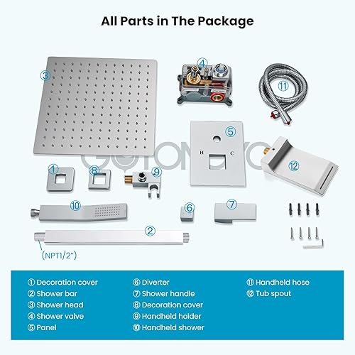 Miniatura 16 de gotonovo Juego de grifo de ducha mezclador de lluvia con boquilla de cascada, sistema de ducha de lluvia, montaje en techo, cabezal de ducha
