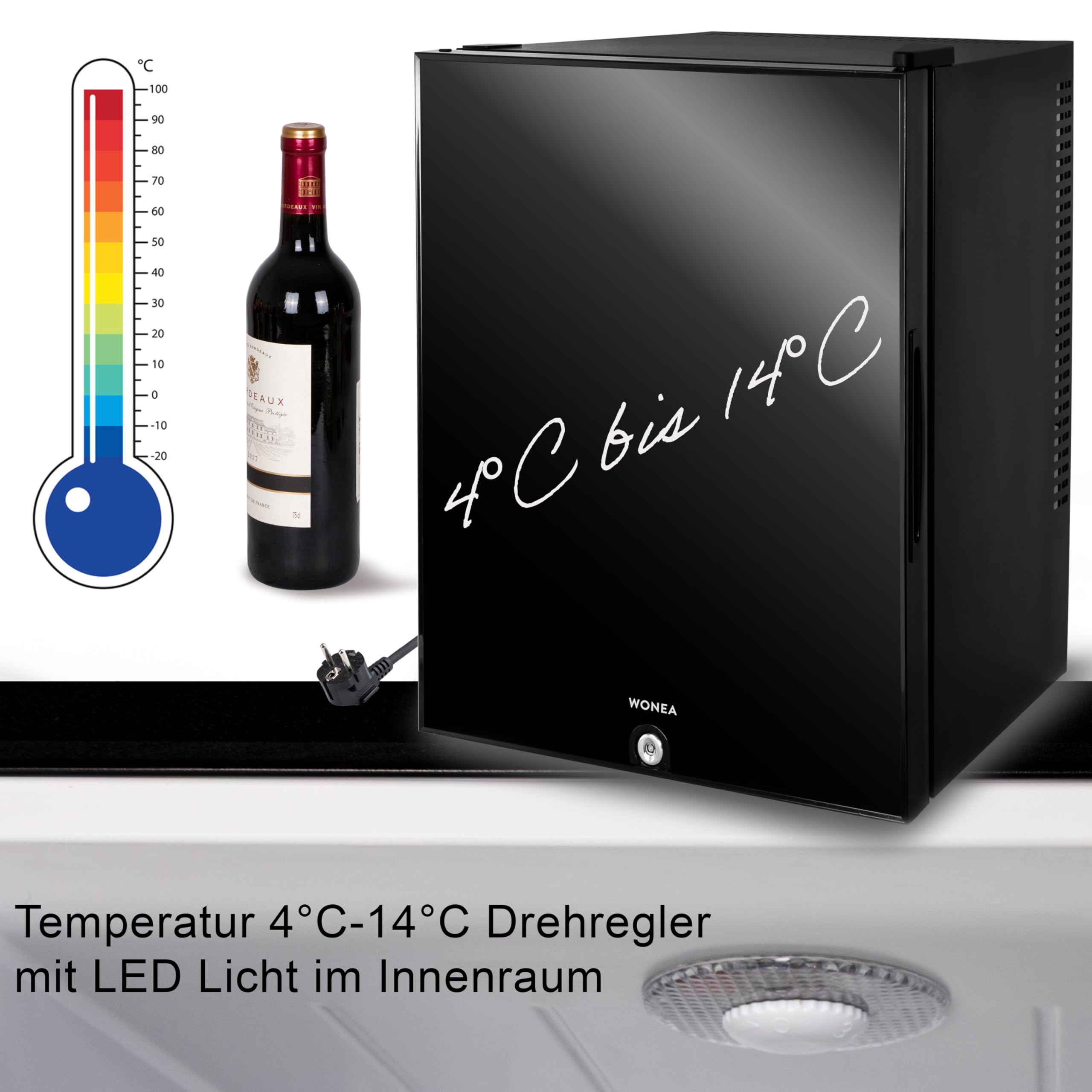 30 Liter Mini Kühlschrank LAUTLOS Minikühlschrank mit Schloss, Minibar abschließbar geräuschlos, Türanschlag wechselbar, ca. 4°-14°C Höhe 48cm, Weinkühlschrank für 11 Flaschen Temperatureinstellung