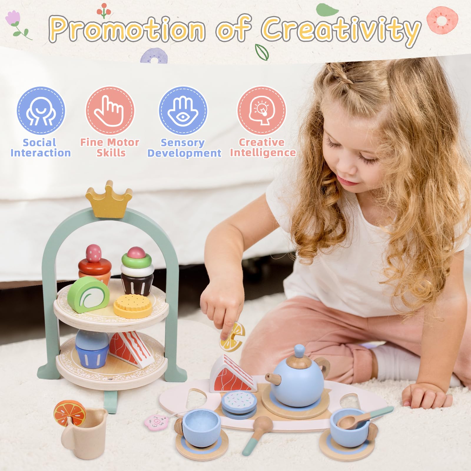 Set da tè in Legno per Bambini, Giocattolo Educativo Montessori con Torta e Accessori, Gioco di Ruolo Tea Party, Regalo per Bambina Ragazzi Ragazz 3 4 5 6 Anni