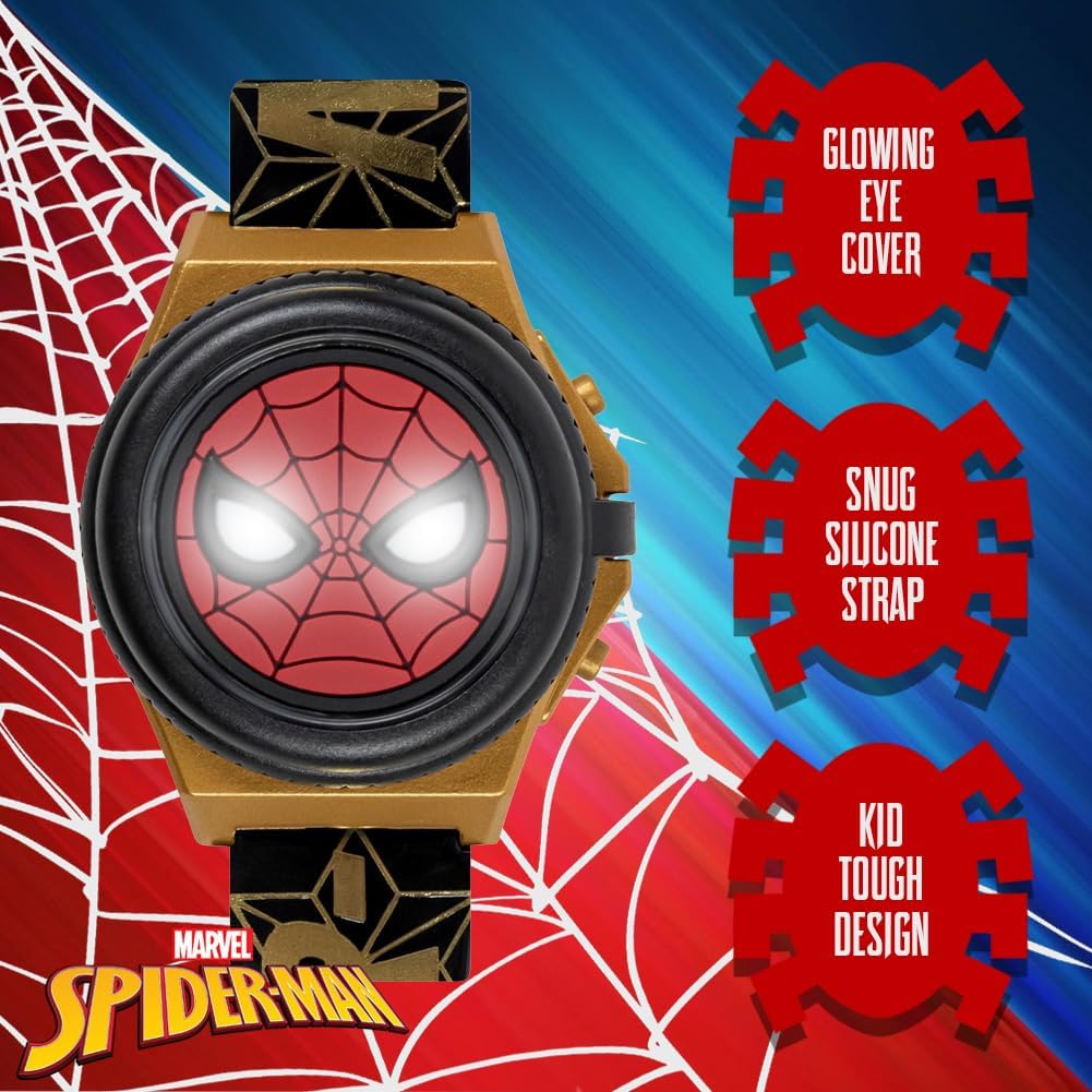Marvel Spider-Man Kids' LCD Watch – Light-Up Flip Top Design with Glowing Eye Cover, Gold-Tone Accents, and Adjustable Silicone Strap – Durable and Fun for Ages 5+ - Image 4