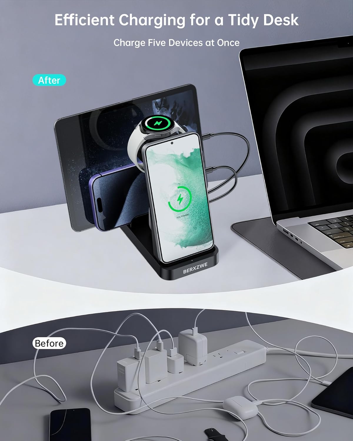 Wireless Charger for Samsung: 5 in 1 Samsung Wireless Charging Station for Galaxy S26 Ultra/S25/S24, Charger Stand for Galaxy Watch8/7/6/5/4, Charging Dock Stand for Android Multiple Devices, Black