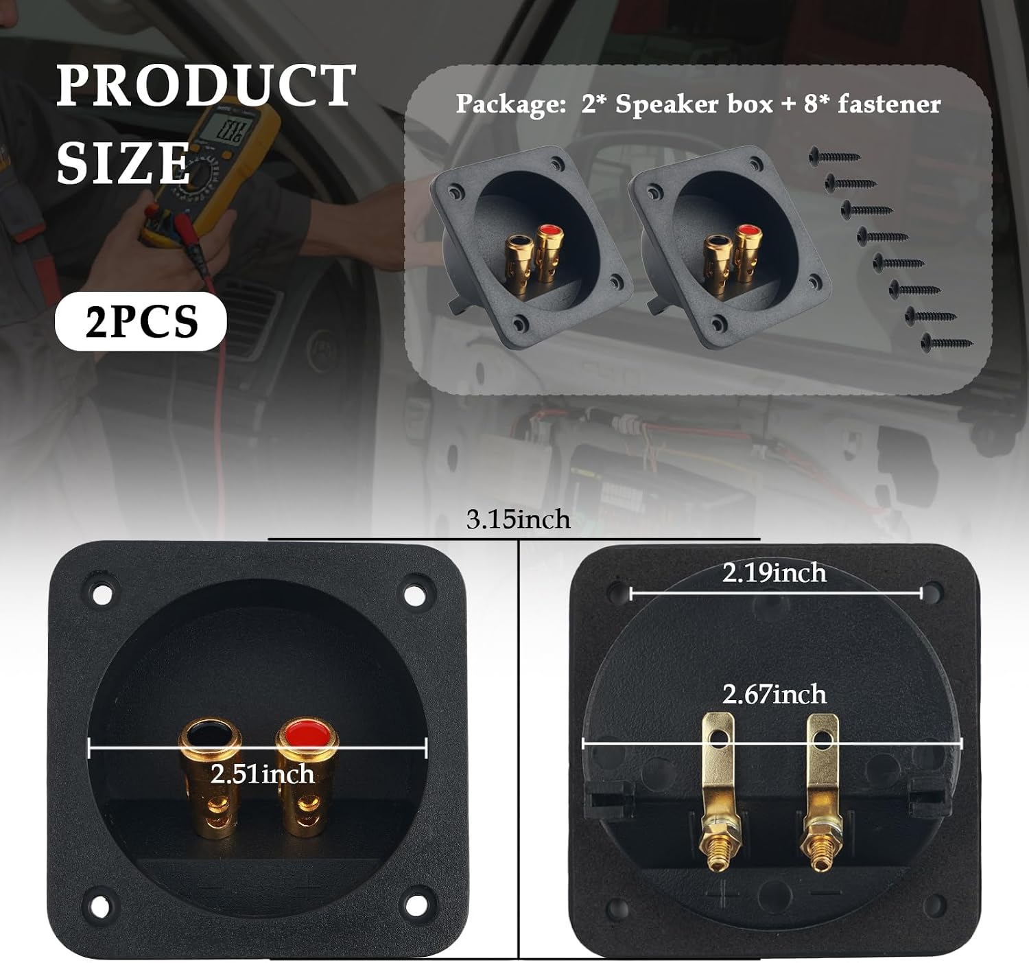 2PCS Speaker Box Terminal with Double Binding Posts,Square-Shaped Subwoofer Box Terminal for Speaker Wiring,Essential Sub Boxs Terminals Car Accessories with 8PCS Screws