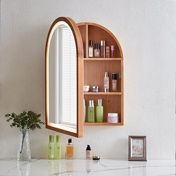 Arched Bathroom Wall Cabinet with LED Mirror & 3-Color Lights, Wood Medicine Cabinet, Waterproof Over the Toilet Storage Cabinet, Natural Wall Cabinet for Laundry Room, Bedroom Kitchen