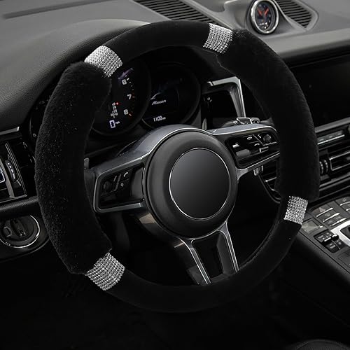 Miniatura 7 de Achiou - Funda de volante esponjosa con diamantes de imitación, cómoda lana sintética de lujo antideslizante, ajuste universal para volantes de 14.5