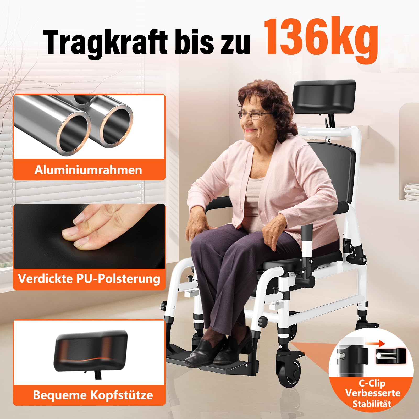 Krzesło toaletowe dla seniorów, wielofunkcyjne krzesło prysznicowe na kółkach, składany podnóżek, regulowane siedzisko i regulowane oparcie, odpowiednie dla osób starszych, po operacji i osób
