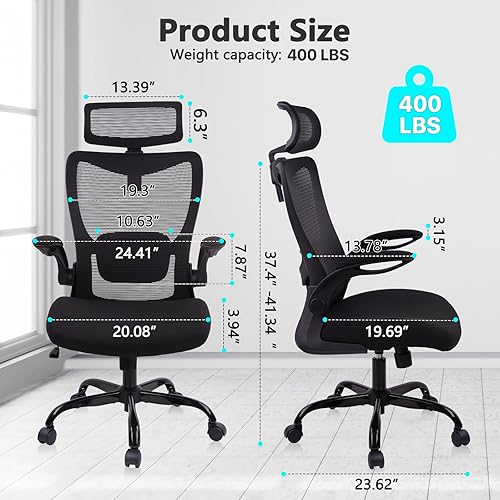 Miniatura 3 de CLATINA Silla de oficina ergonómica de malla con respaldo alto ajustable, apoyabrazos abatibles, silla giratoria ejecutiva giratoria cómoda para