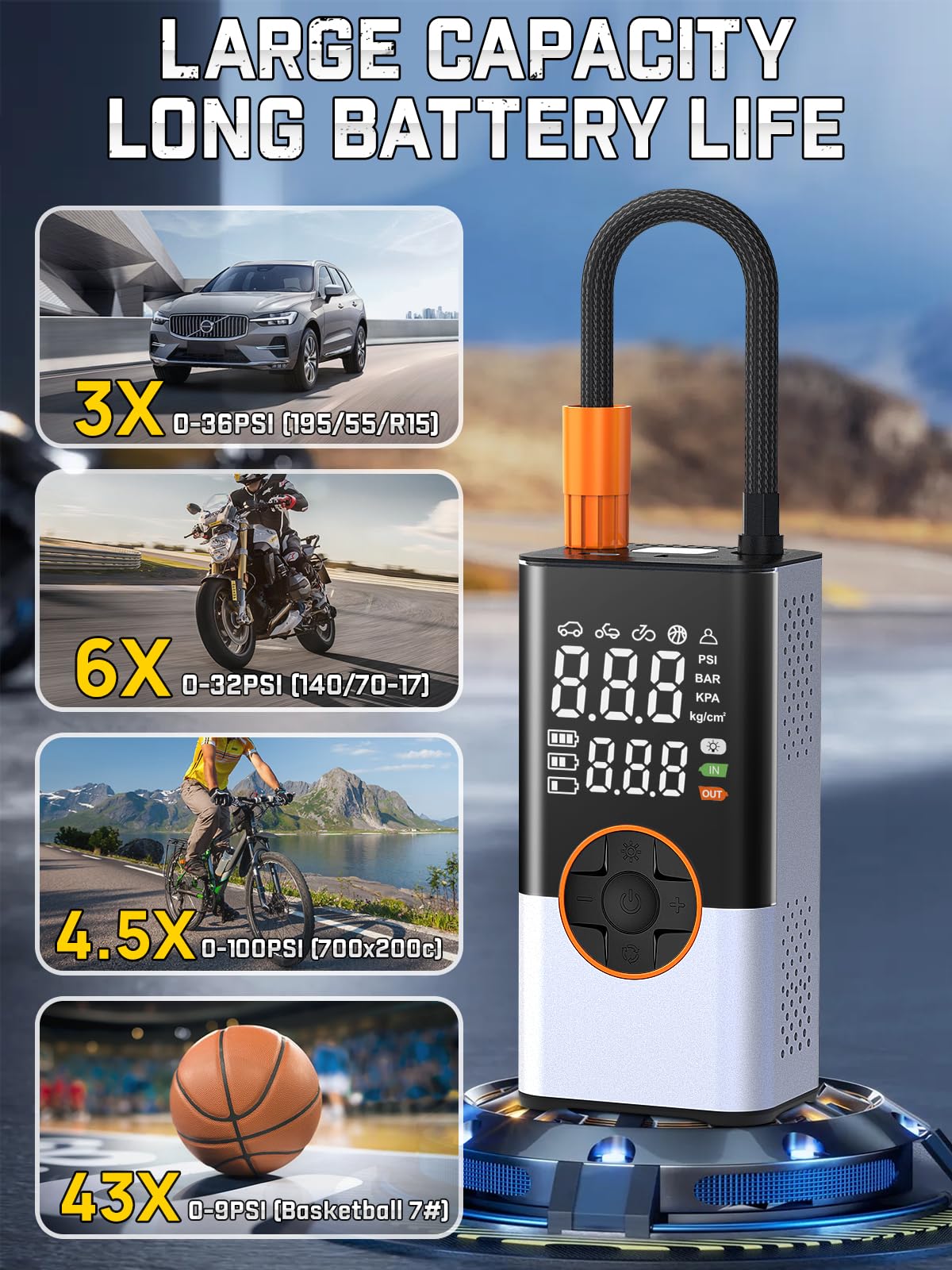 BIBURY 8000mAh Gonfleur Pneus Voiture, Compresseur à Air Portatif, 150 PSI Pompe a Velo, Gonfleur Électrique avec Écran LED et Torche LED, Charge Type-C, Compresseur Voiture pour Vélo, Voiture, Moto