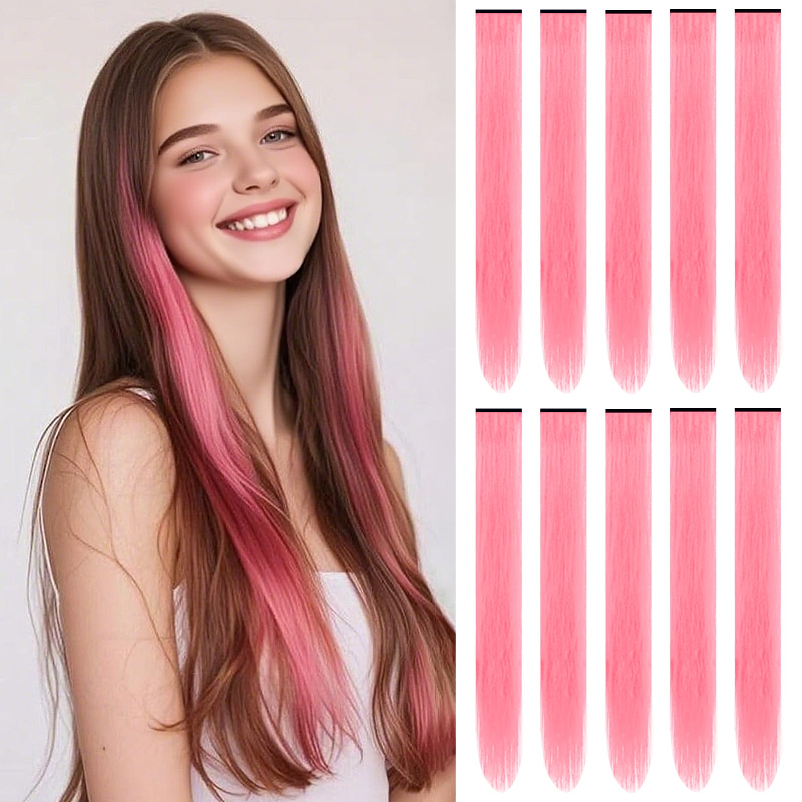 22 inch Pink Hair Extensions, Colored Party Highlights Clip in Long Straight Hairpiece Colorful Synthetic Hair Extensions for Kids Girls Women Christmas New Year Cosplay Gift(10 PCS Pink)