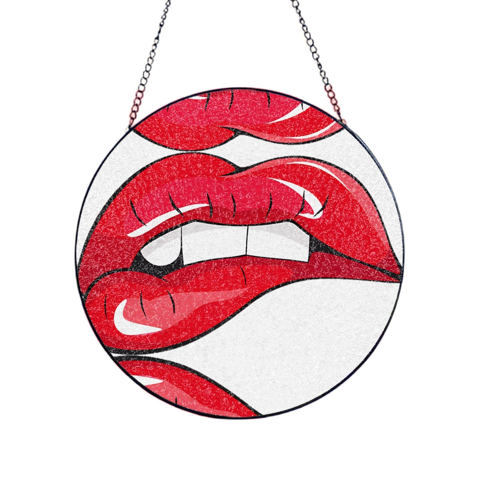 Phayah Cute Graphic Red Lips Print Glass Window Hanging Round Suncatcher Glass Ornament Garden Wall Fence Decorations Indoor Outdoor 12in（30cm）
