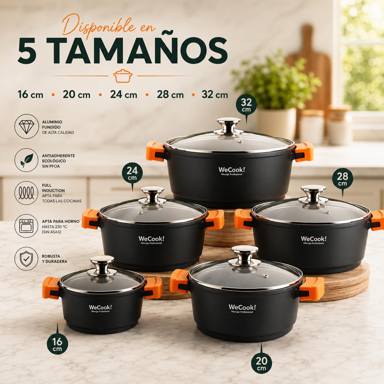 WECOOK! Ecochef Casserole Profonde, Induction, Couvercle en Verre 24cm, Antiadhésive QUANTANIUM Écologique sans PFOA, Fonte d'Aluminium, Épaisseur 5mm, Poignées en Silicone, Vitrocéramique, Four